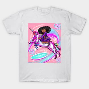 Curly hair Princess on a unicorn pony - black girl with curly afro hair on a horse. Black princess T-Shirt